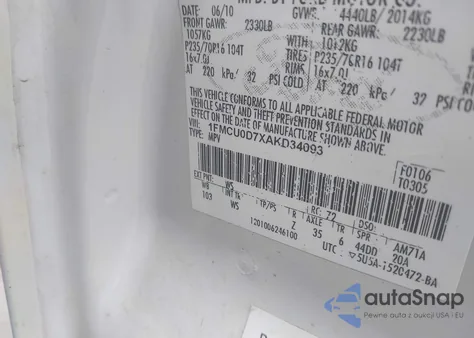 2010 Ford Escape Xlt z USA, uszkodzony, nr VIN 1FMCU0D7XAKD34093